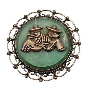 Vtg Mexico Jade Siesta Sterling Silver Pin Brooch Sleeping Men Artisan Unique
